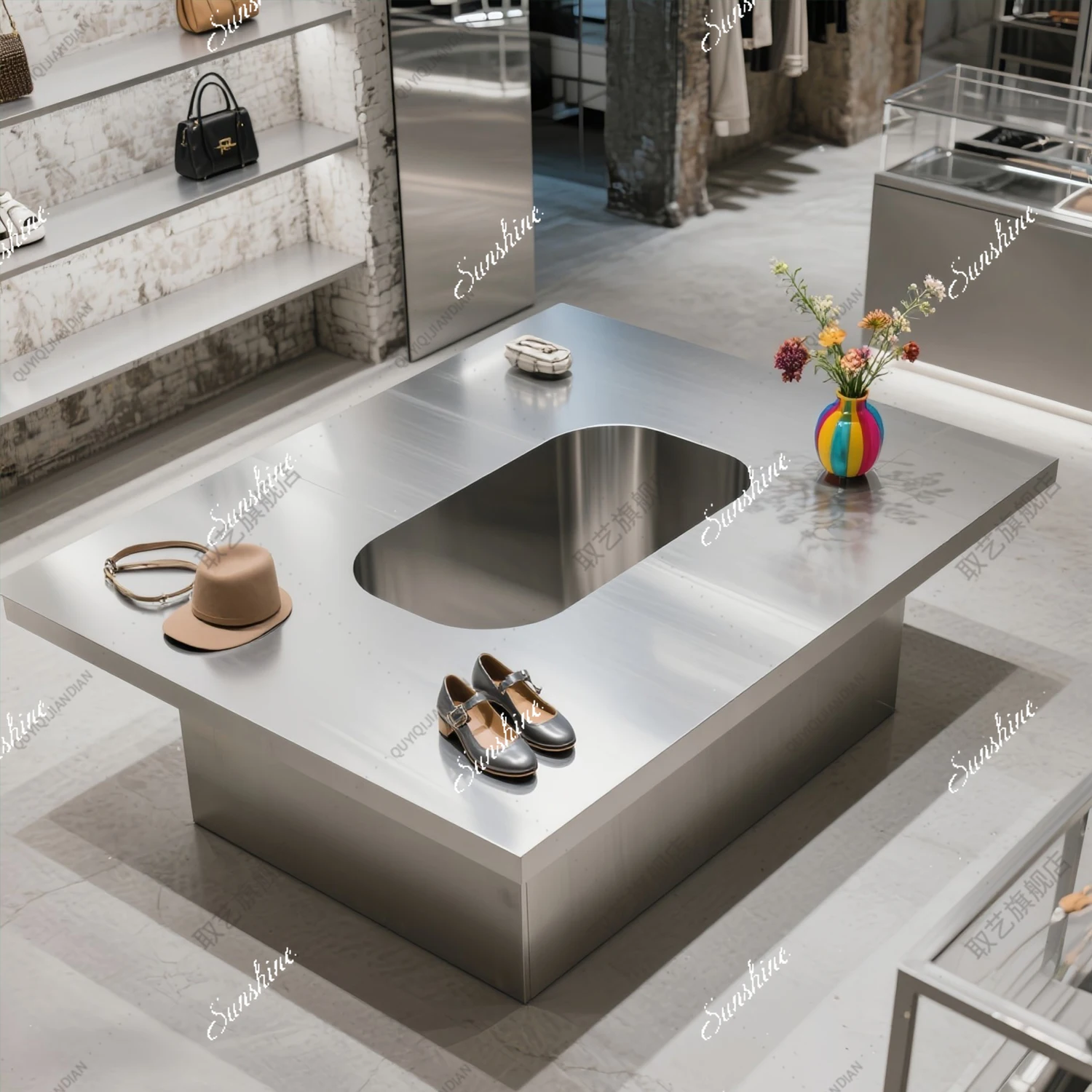 Clothing store stainless steel island flowing table creative accessories placed on the table