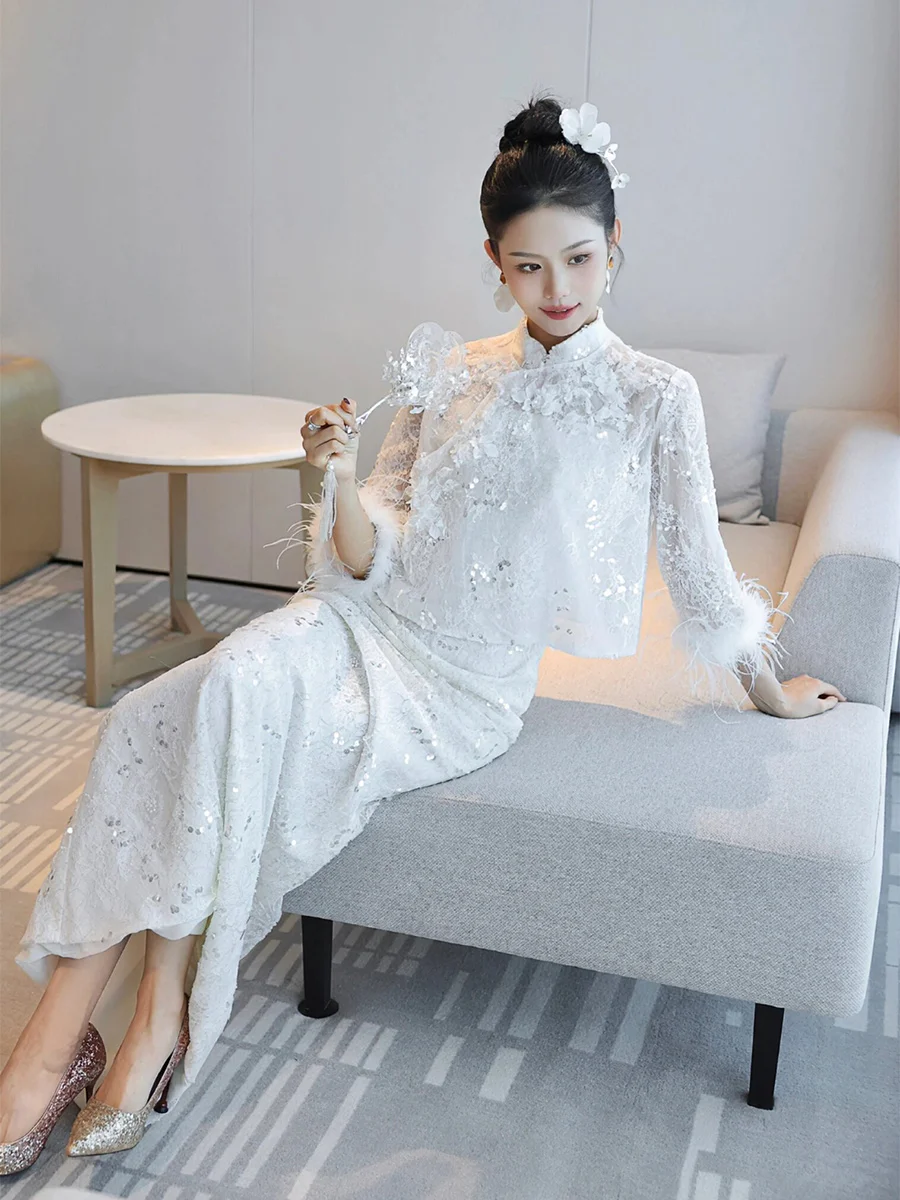 

Engagement Luxury Light Ele New Chinese Sle Wedding Dr Set Long Qun Fi Tail Skirt Seven Sve Faionable Summer