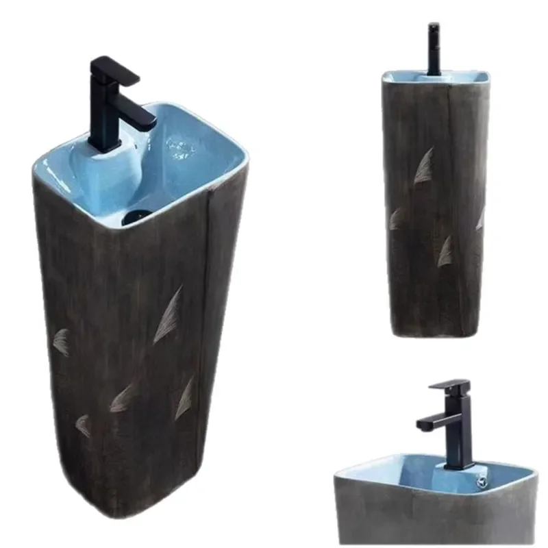Ceramic Floor Standing Bathroom Sink Integrated Wash Basin Column Pedestal for Toilet Balcony Compact Design