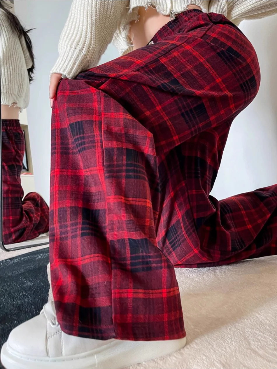 Damskie spodnie w kratę w stylu retro z szerokimi nogawkami, luźne, proste, w stylu koreańskim, codzienne, jesienno-zimowe, nowa moda studencka.