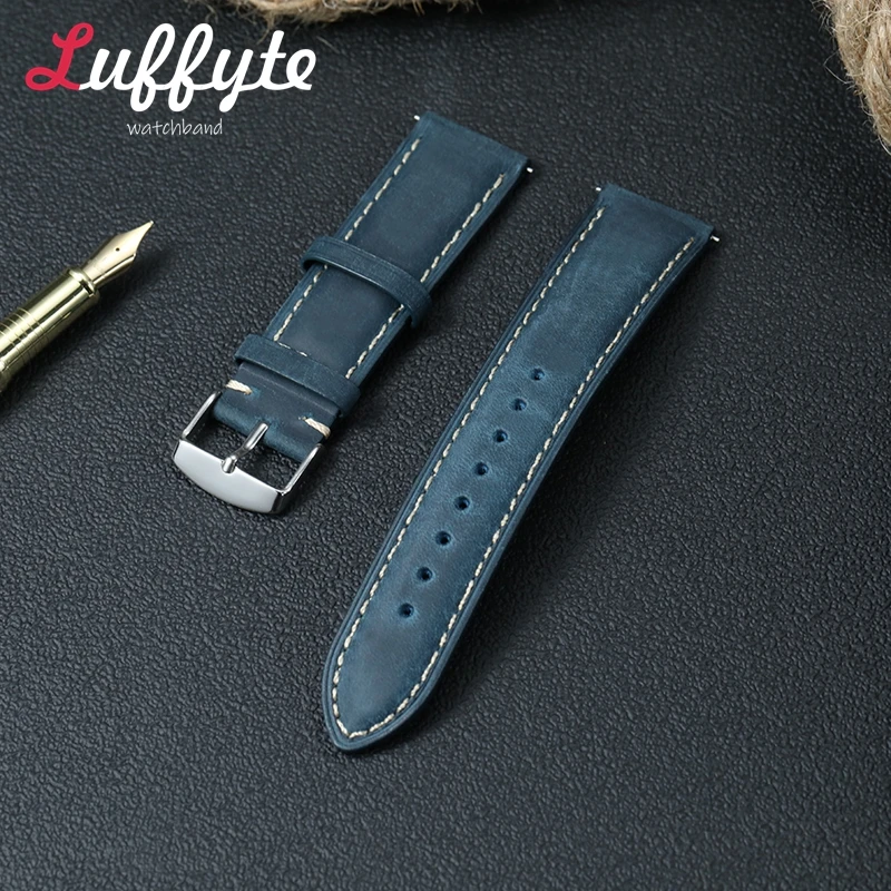 

High Quality Retro Crazy Horse Leather Watch Strap 20mm 22mm Smartwatch Band Brown Blue Quick Release Replacement Wristband