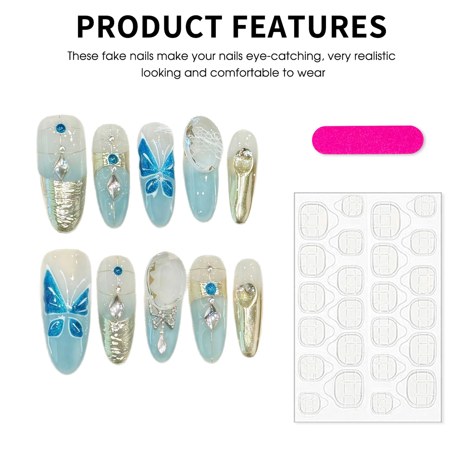 Gradiëntblauw Handgemaakte nepnagels Lange ovale vorm Druk op nagels Glanzende vlinderontwerpen voor manicure Dames Meisjes Kunstnagels