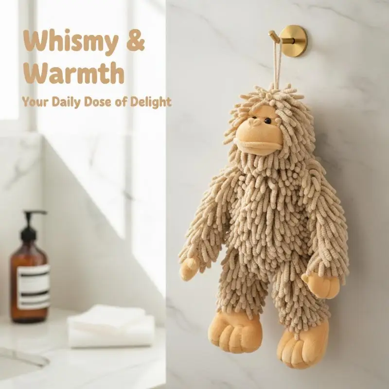 Cartoon Monkey Shaped Hanging Hand Towel Chenille Absorbent Soft Wipe Cloth for Office Restroom Kitchen Home Use