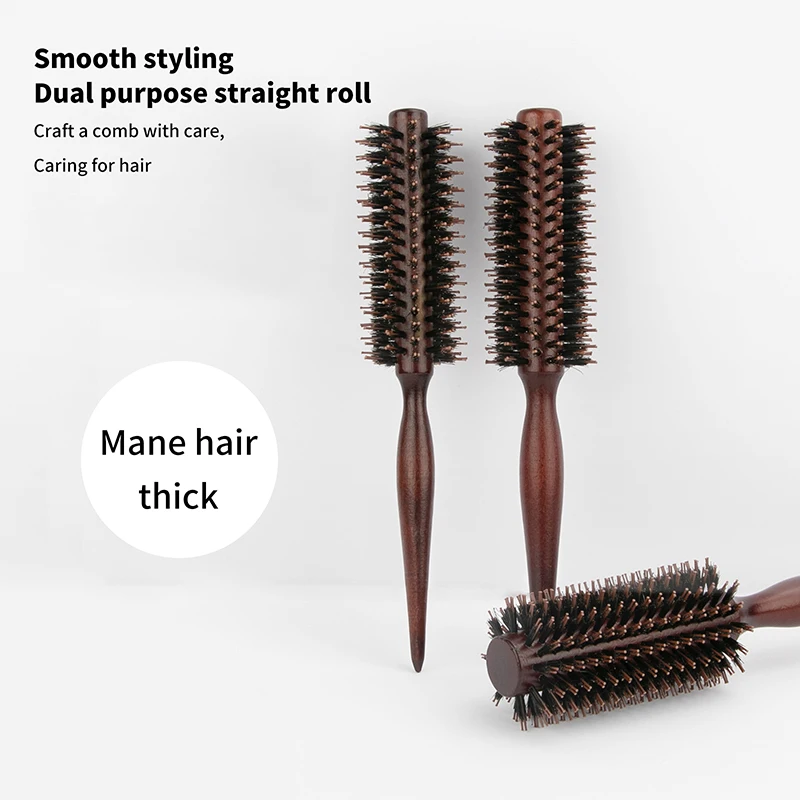 1Pcs Wood Handle Round Rolling Brush Straight Twill Hair Comb Boar Bristle Round Barrel Hair Curling Brush Hairdressing Tool