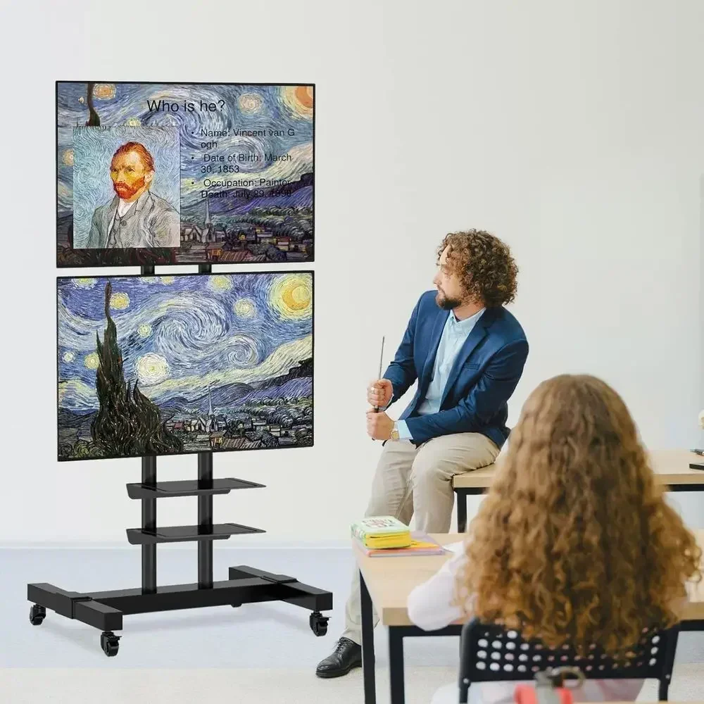 Adjustable Rolling TV Cart with Dual Brackets for 32-70 Flat/Curved Screens, 110 lbs Capacity
