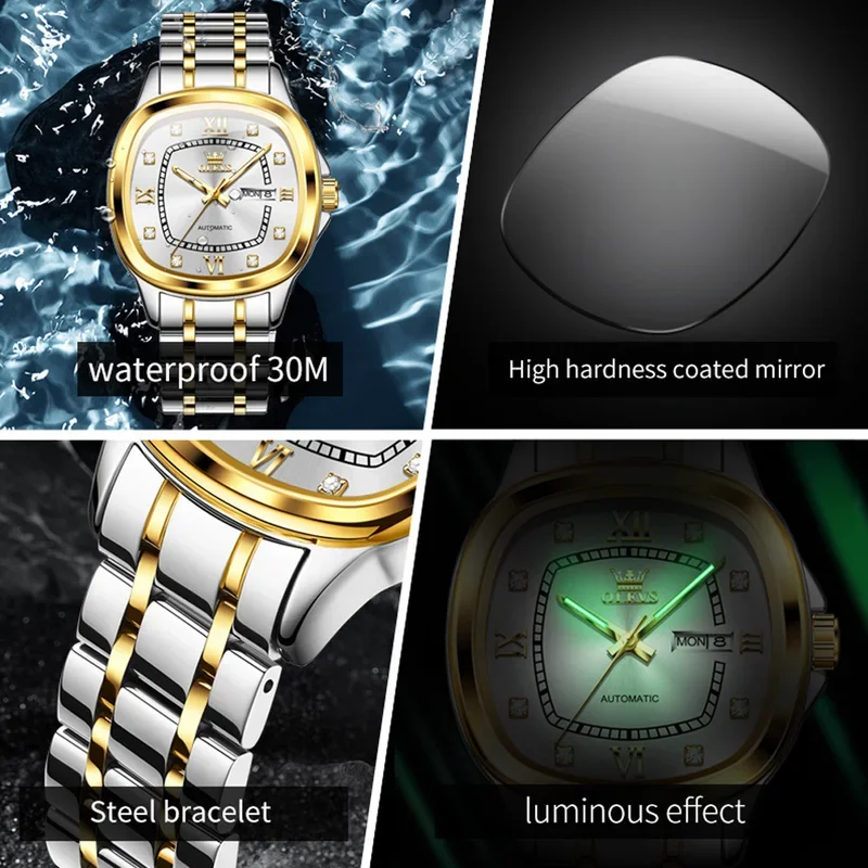 OLEVS Men Popular Brand Automatic Mechanical Watch Fashion Original Square Calendar Waterproof Luminous Luxury Men Watch 9810
