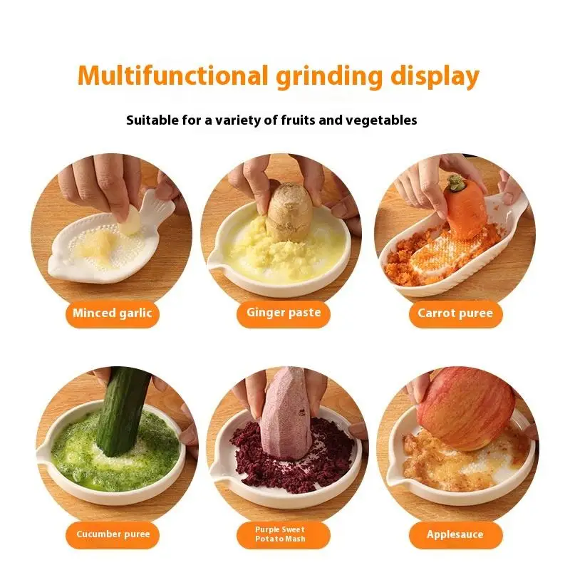 أداة مبشرة الزنجبيل السيراميكية، مطحنة يدوية، هراسة الثوم، أداة مطبخ محمولة لطحن الجزر والزنجبيل مع فرشاة