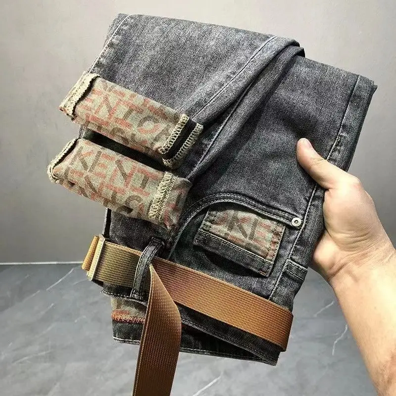 

Trendy Men's Black Grey Autumn New Style Pencil Pants Slim Skinny High-End Fashion Brand Trousers Boyfriend Jeans Work Pants