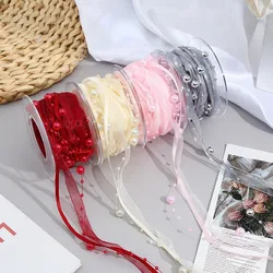 5Yards Beads Satin Chiffon Combination Bouquet Flower Packaging Ribbon Gift Box Wrap Tape DIY Wedding Christmas Party Decoration