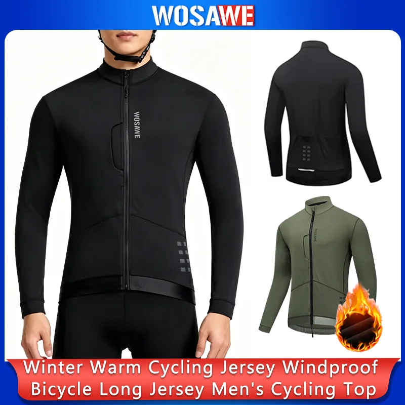 WOSAWE Winter Thermal Cycling Jersey Windproof Warm Up Road MTB Bike Long Jersey Men's Cycling Shirts