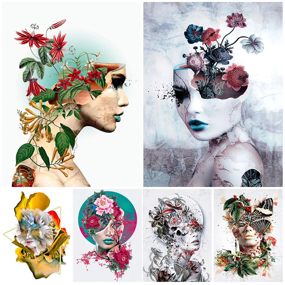 Broken Portraits And Flowers Abstract Modern Wall Art Canvas Painting Beauty Of Life Art Poster And Print For Living Room Decor