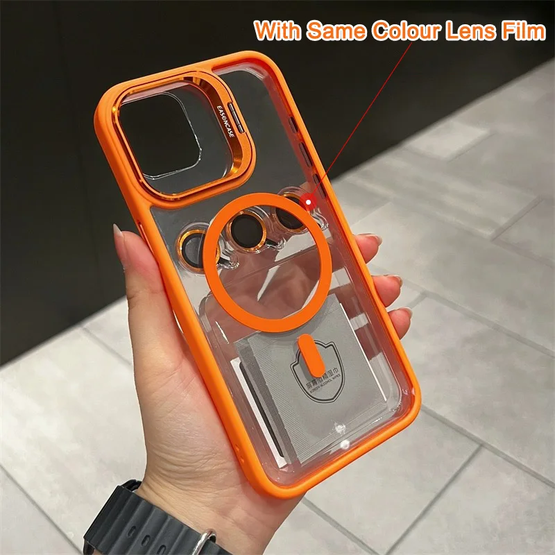 Transparent Magnetic Lens Bracket Phone Case For iPhone 15 Pro Max 11 12 13 14 Pro Max 11 For Magsafe Lens Film Shockproof Cover