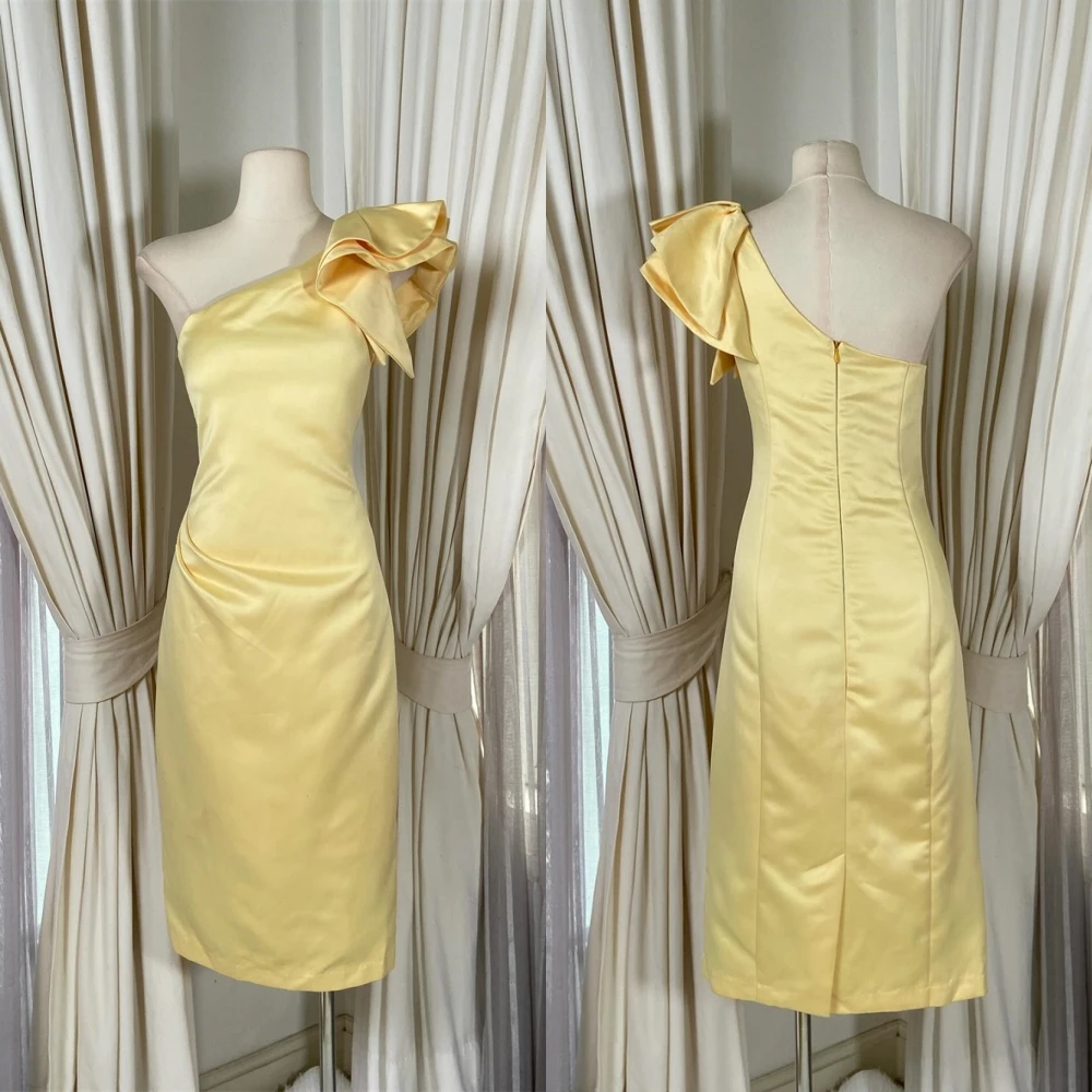 

Customized High Quality yellow Satin Evening Dress Elegant Graceful Boat Neck One Shoulder Short Sleeves Zipper Back Party Dress