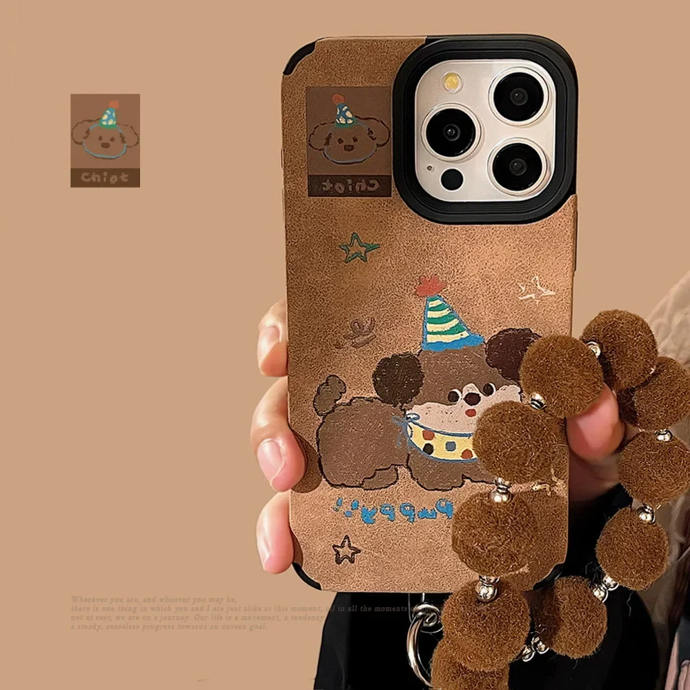 Autumn Winter Suede Party Dog Plush ball pendant Phone case For iPhone 16 15 14 13 12 11 Pro Max Case Cute Luxury Cartoon Cover