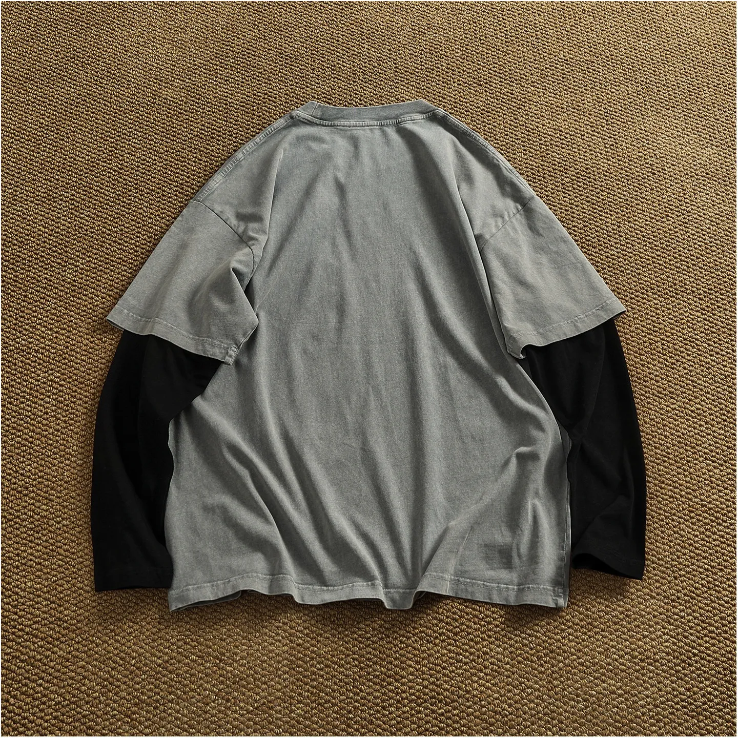 Spring New American Retro Fake Two Pieces Long-sleeved O-neck T-shirts Men's Fashion Simple 100% Cotton Washed Casual Sport Tops