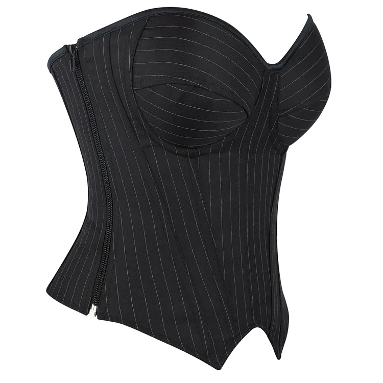 Fashion Black Striped Overbust Corset for Women Sexy Lace-up Office Lady Corset Simple Elegant Corset Zip Strapless Bustier Top