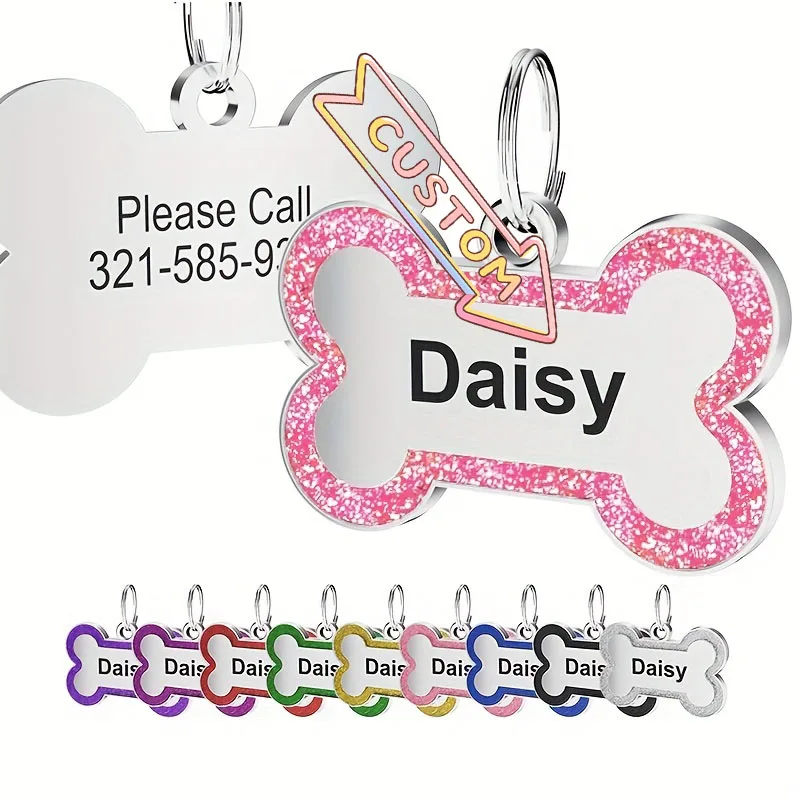 1 pièce Bella – Plaque d'identification personnalisée pour chien – Pendentif en acier inoxydable sur mesure avec motif os pailleté, cadeau idéal pour animaux de compagnie