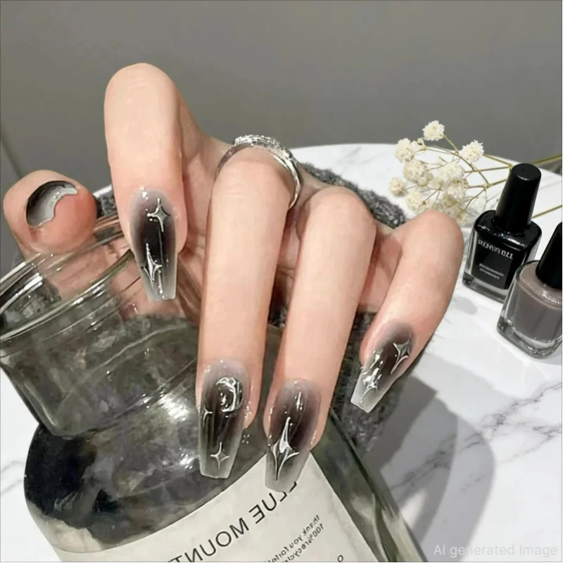 24 Stück Y2k Stern-Press-On-Nägel, Farbverlauf Schwarz, Mittellange Coffin-Kunstnägel, Vollabdeckung, Mond-Designs, Falsche Nägel für Coole Mädchen