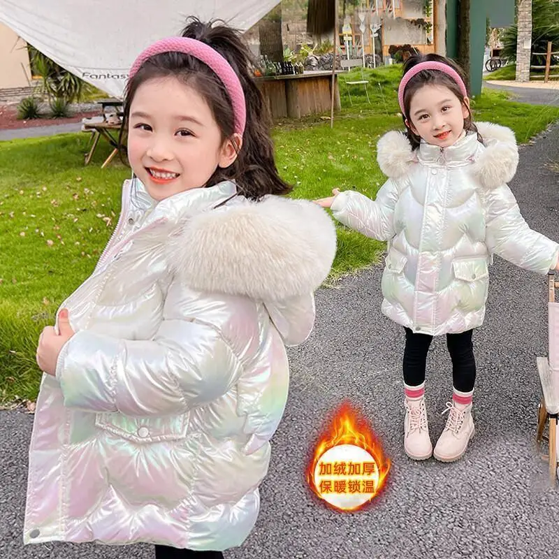 Kawaii Casual Coat Tops Fashion Children S Clothing Girls Winter Down Cotton Jacket Long Sleeve Thick Warm Shiny Washable Coat