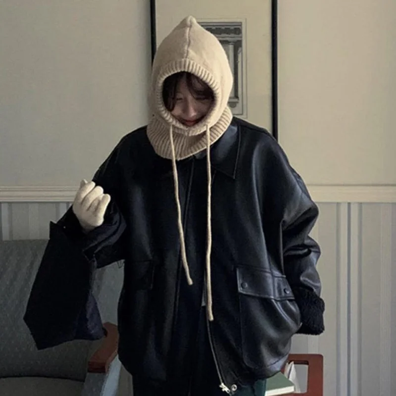 Korean Knitted Balaclava Woman Winter Hat Pull Rope Cap Outdoor Warm-keep Integrated Cap Round Neck Child Hat Hat With Earflaps