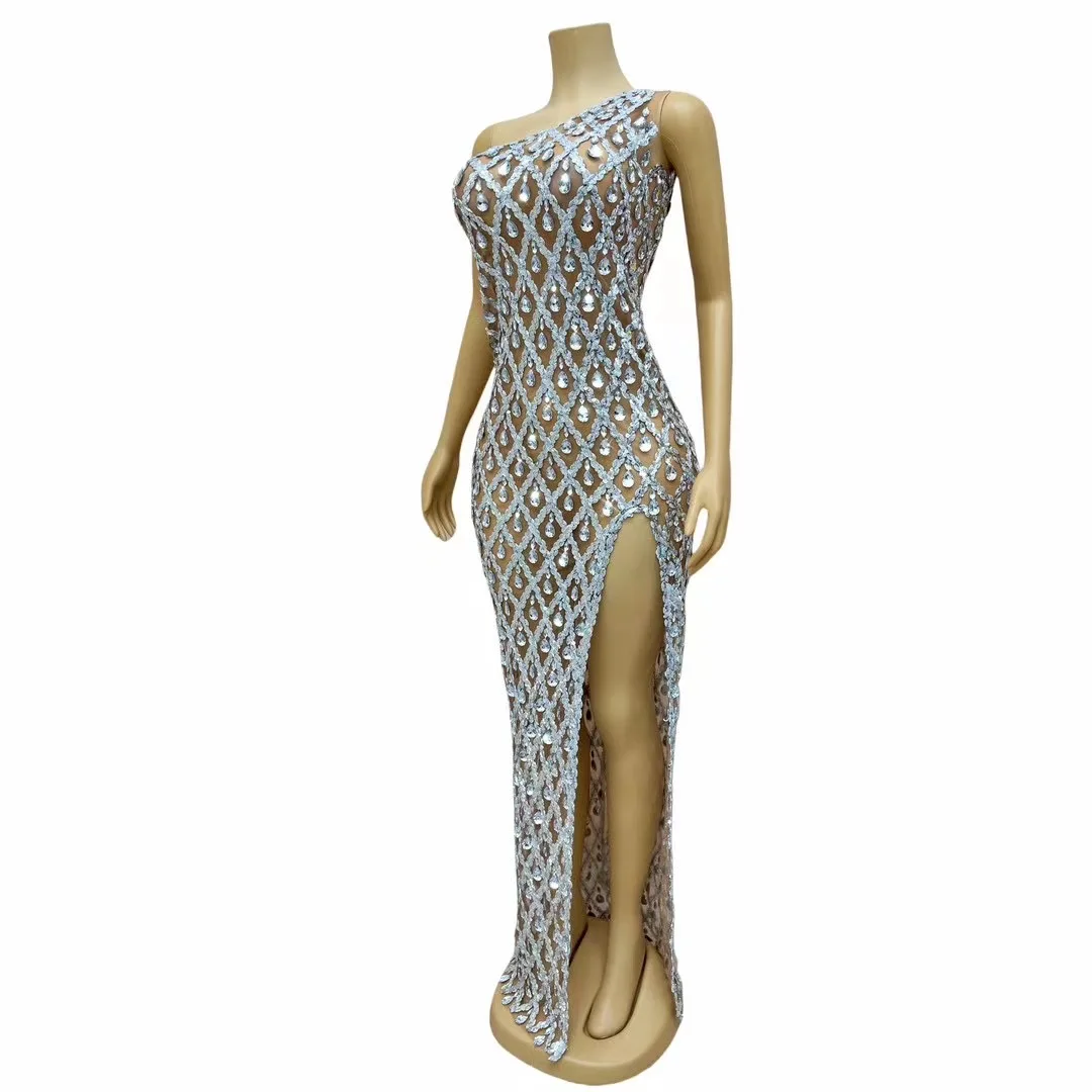 Silvery Flashing Diamonds Sexy Maxi Long Dress Nightclub Performance Custome Stage Wear Elegant Birthday Evening Party Dresses ﻿