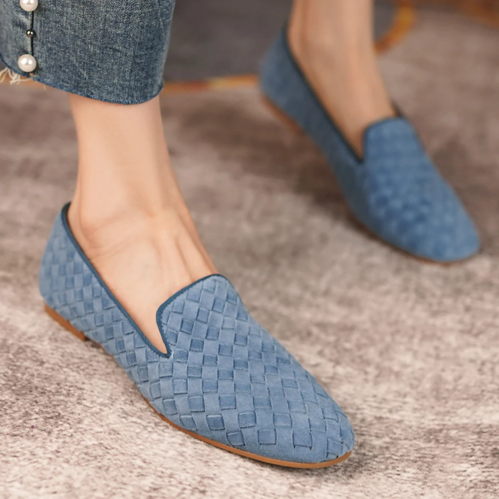 New Fashion Women Spring Summer Suede Loafers Comfortable Shoes Woman Leather Slip On Casual Flats Ladies Low Heels Blue 2022