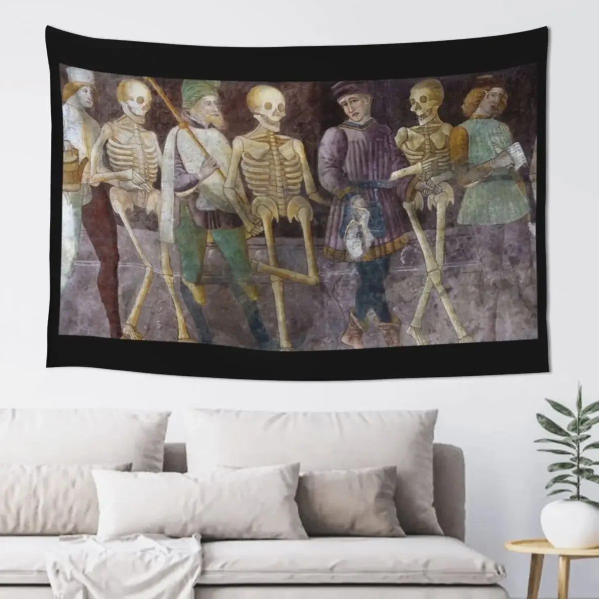 The Macabre Dance by Giacomo Borlone fresco painting 1484 skeletons spooky Tapestry Home Decorations Room Decor Tapestry