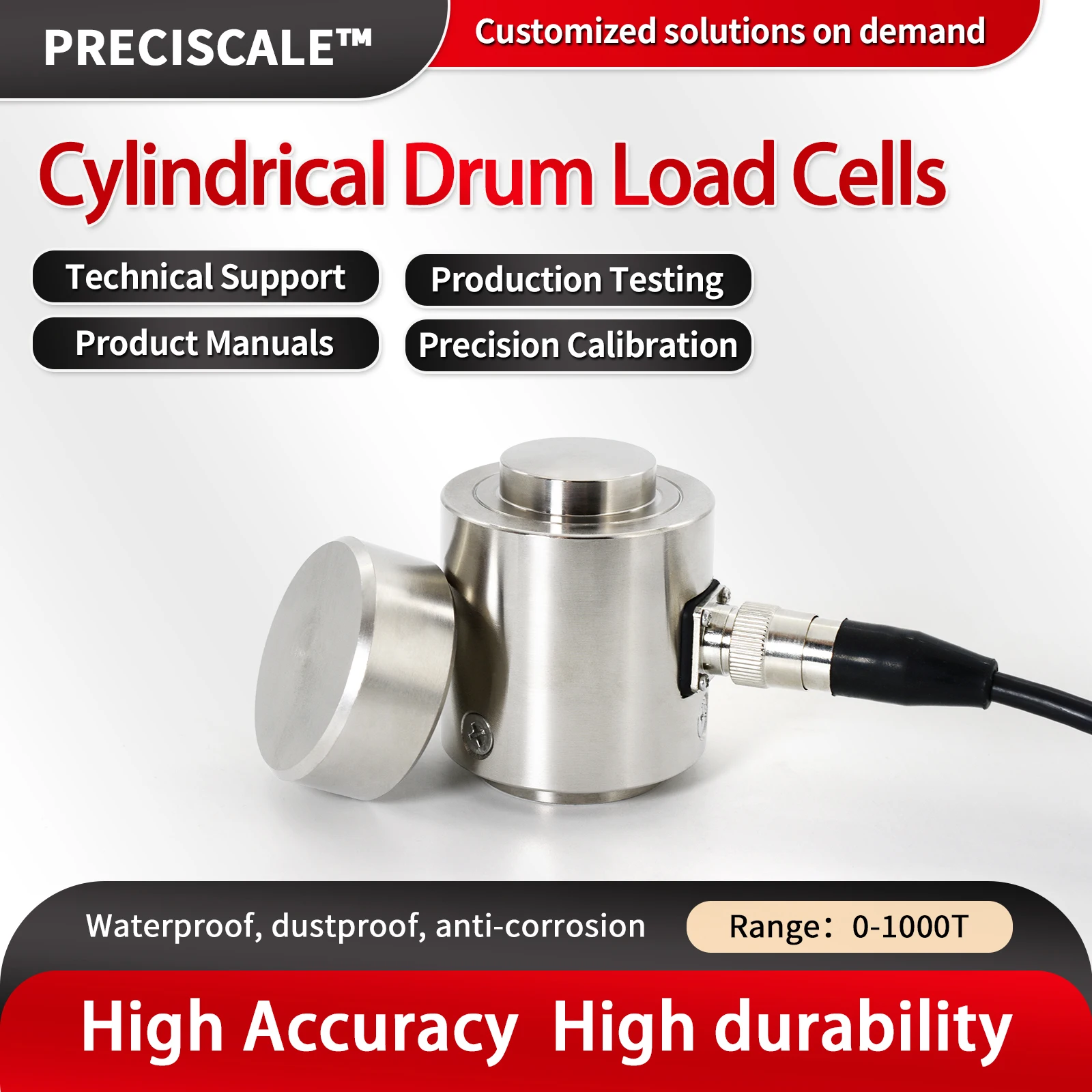 Column Load Cell Sensor 5T 10T 20T 30T 50T 100T Test Tension and Compression Force,Large-Range Load Cell Sensor