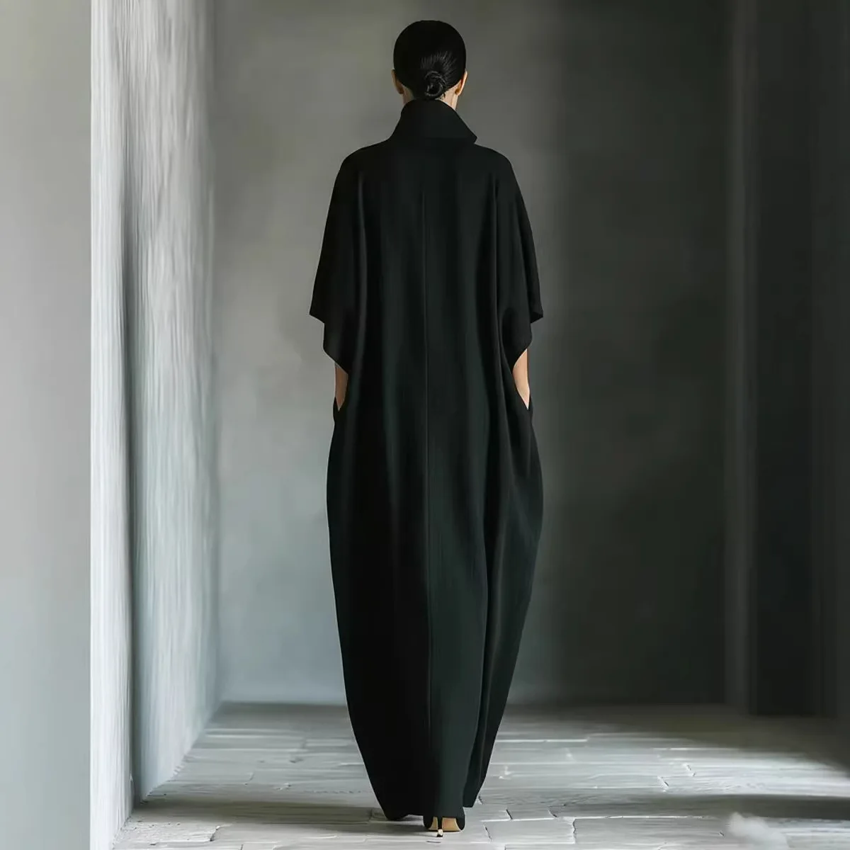 Stand Up Collar Solid Color Half Sleeved Pocket Loose Fashionable Long Skirt For Womens 2026 Summer New Versatile Pullover Dress