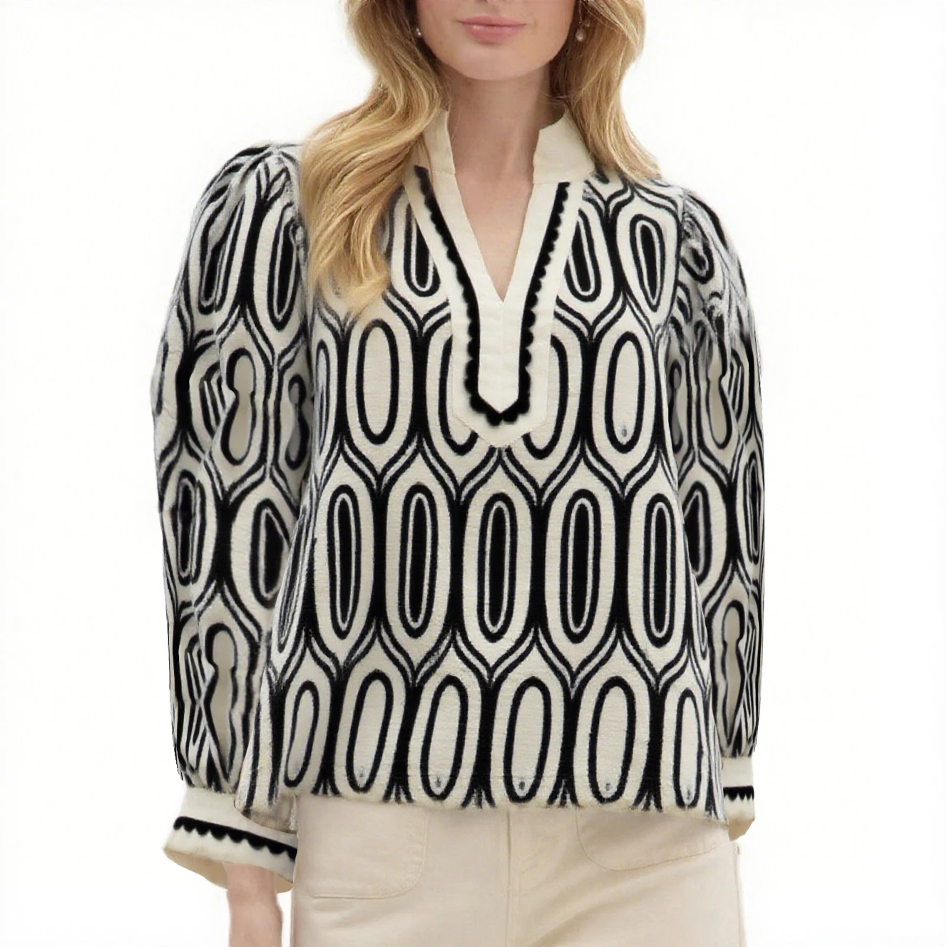 

Women’s Loose Long Sleeve Tops Blue Geometric Pattern V Neck Pullover Stylish Tunic Blouses Y2k Going Out Tops