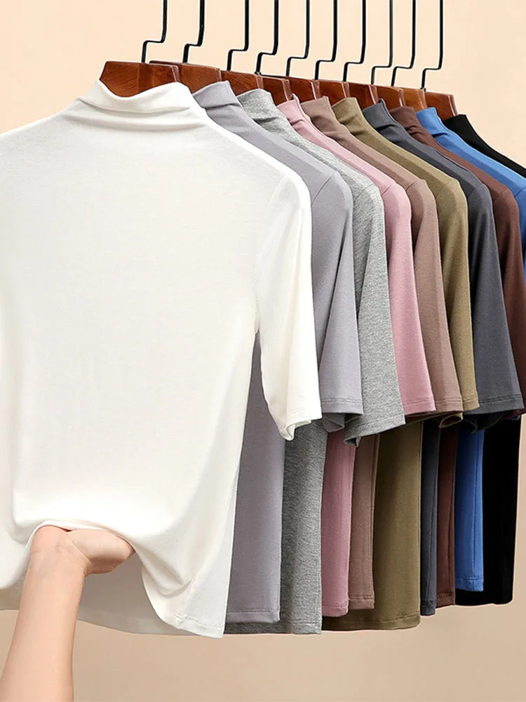 Half Turtleneck Milk Silk Tops Women Short Sleeve Slim T-Shirt Solid Color Basic Trend Bottoming Shirt High Street Women Blouse