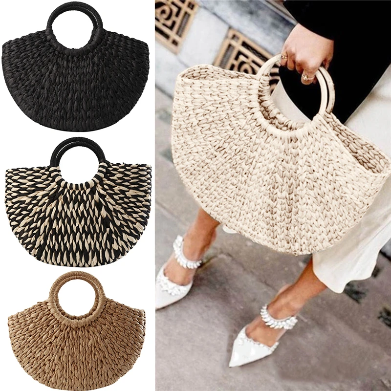 Borsa da donna borsa semicircolare intrecciata in paglia di vimini in Rattan borsa da viaggio Casual femminile di grande capacità