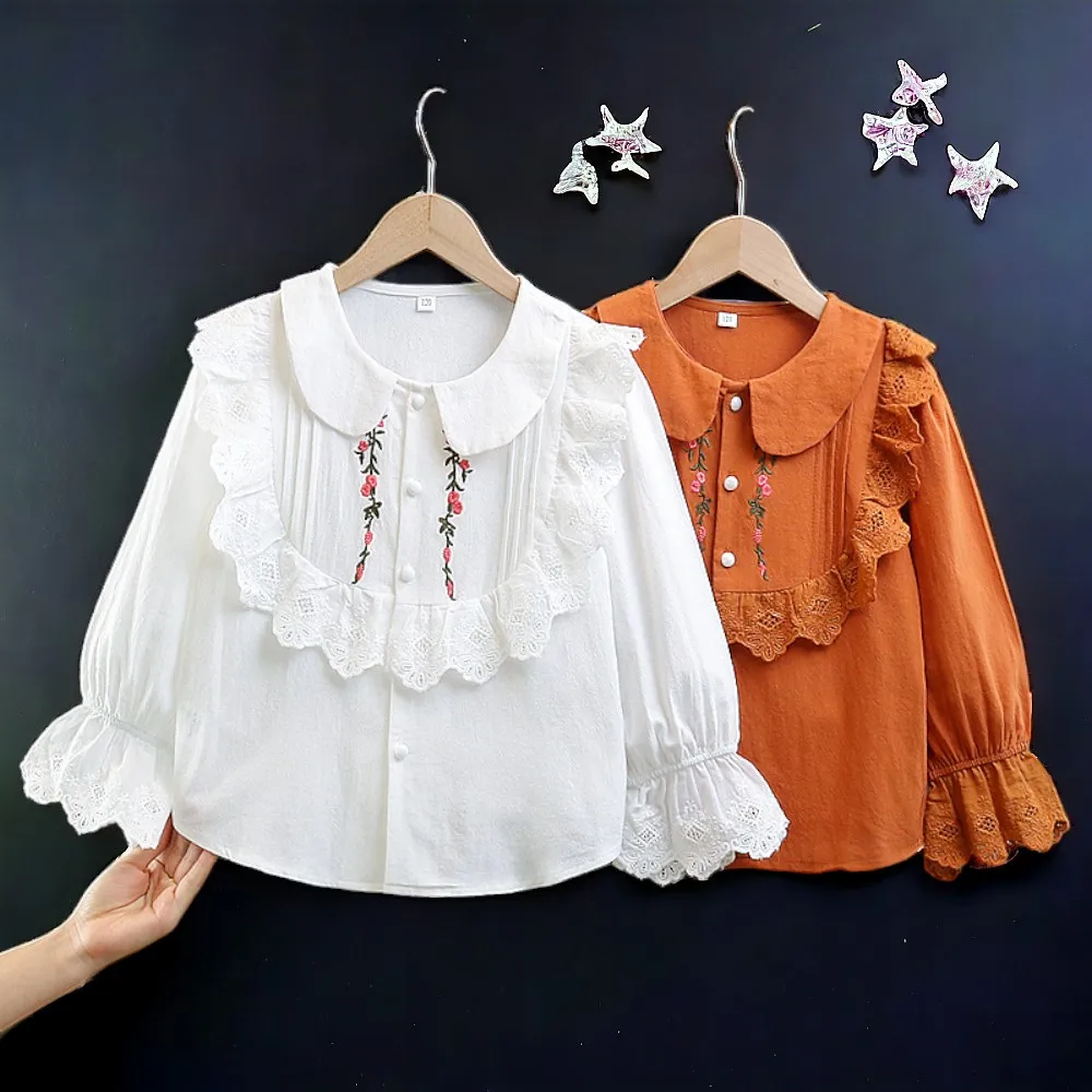 Kids Tops Outfits Shirts Girls Blouses Embroidery Flower Long Sleeve Teenagers Costumes Children Clothes 4 5 6 7 8 9 10 12 Years