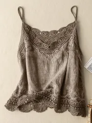 Women Casual Camis New Arrival 2023 Autumn Vintage Style Hollow Out Lace Loose Comfortable Female Sleeveless Tops M024