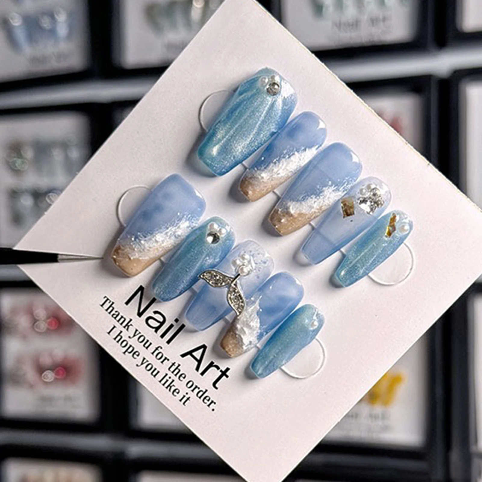 Blue False Nails with Rhinestone Pearls Chip-Proof Smudge-Proof Fake Nails for Stage Performance Wear