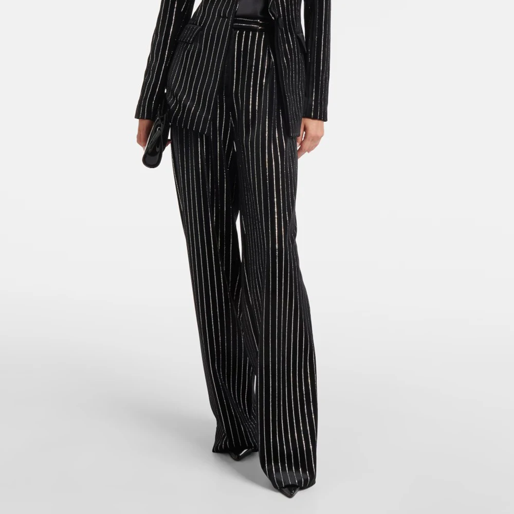 Women's Velvet Pants,High-Quality,Y2K Striped,Hot Drilling,Temperament,Elegant Commuter Straight Trousers,Early Spring,New,2025