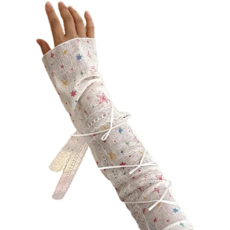 Sweet Star Patterned Linen Arm Sleeves Lace Corset Cross Ribbon Fingerless Long Gloves Fairycore Harajuku Driving Sleeves Cover