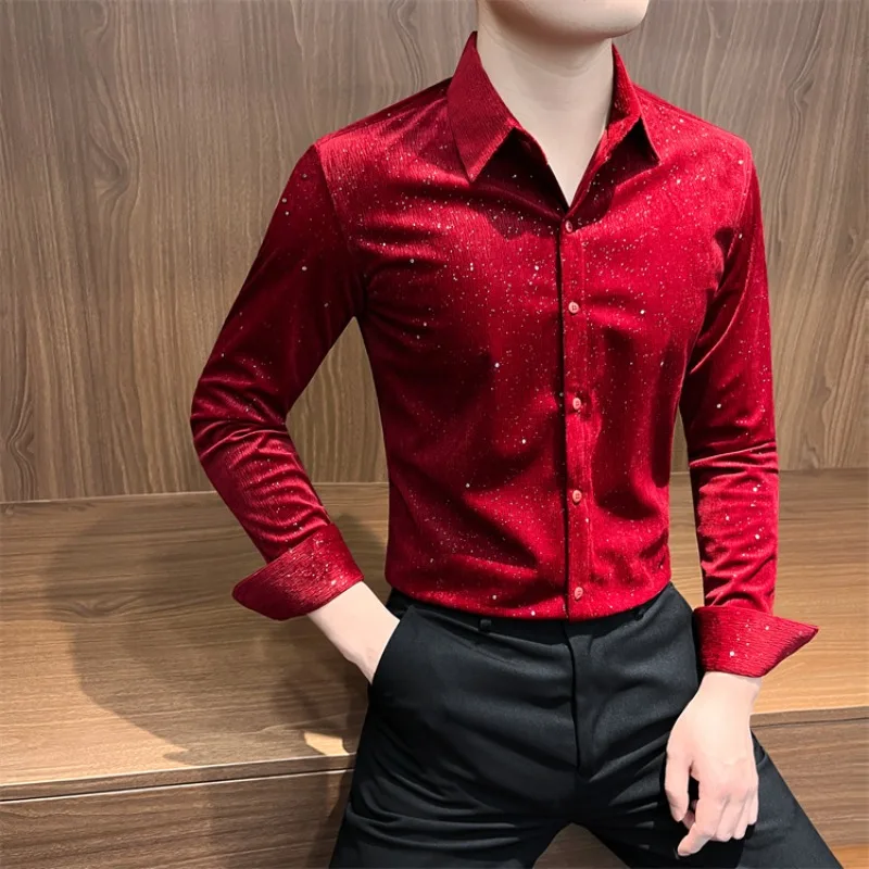 Autumn Rhinestone Shirts Men's Long-sleeved 2025 High-quality Hairstylist Casual Business Shirt Slim Social Party Tuxedo Blouse