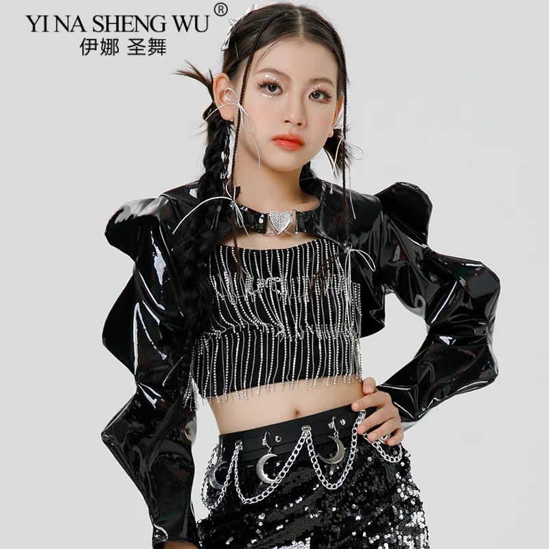 Traje de baile de Jazz con lentejuelas para niñas, pantalones cortos negros con lentejuelas, Top corto para chico, trajes de baile callejero de Hip Hop, ropa de actuación de baile k-pop