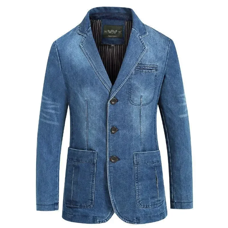 Spring Mens Denim Jacket Lapel Multi Pocket Solid Color Single Breasted Jacket High-quality Mens Denim Slim Fitting Blazer Coats