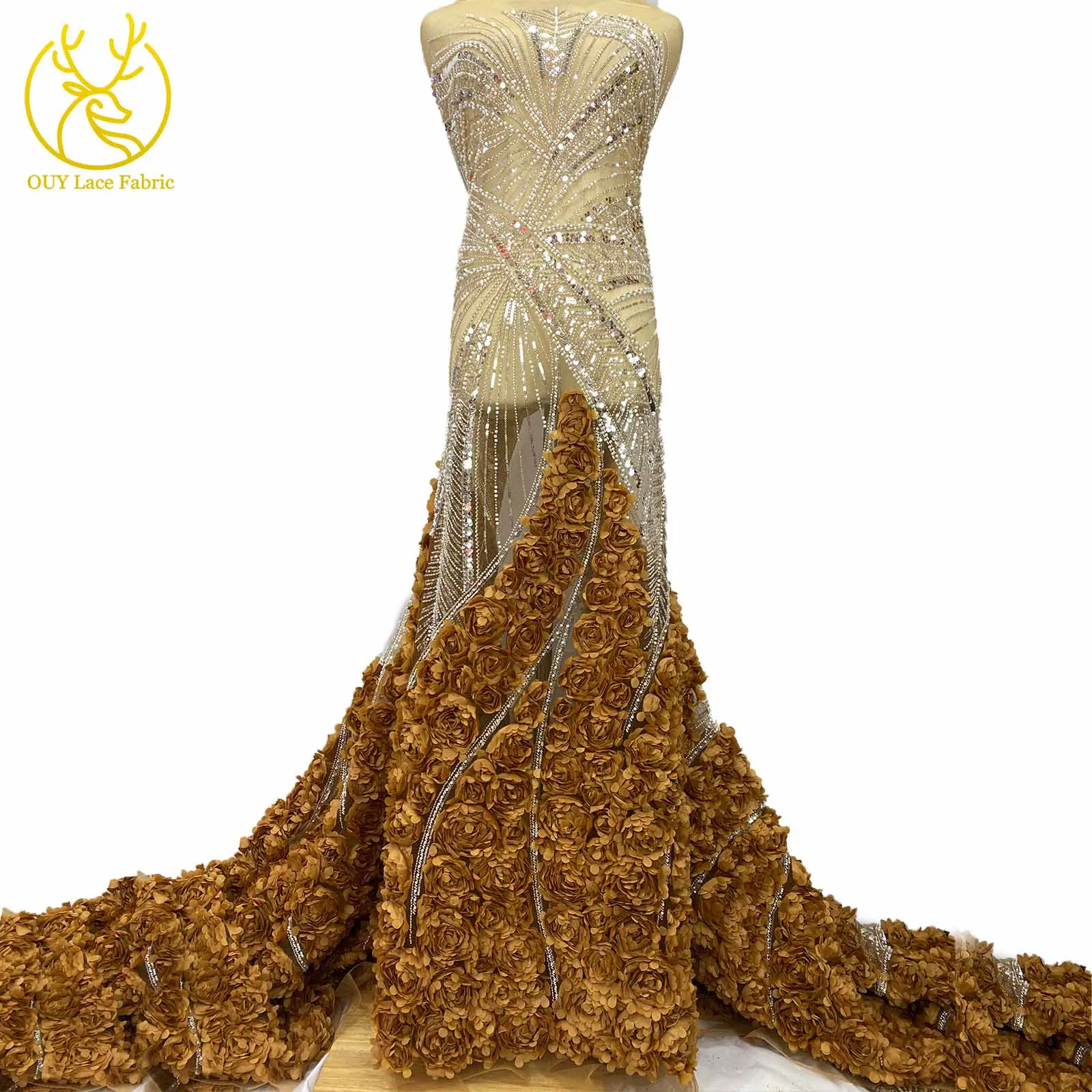 

New African 3D Floral Lace Fabric 2025 French Nigerian Sequin Beaded Tulle Lace Fabric For Women's Party Wedding Dresses 5 Yards
