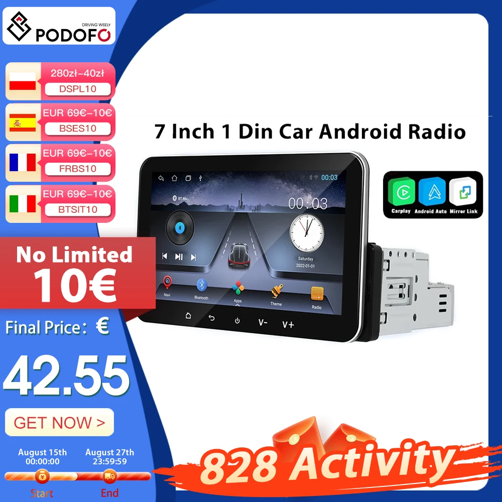 Podofo 2 + 32G Android 1 Din Autoradio Wireless Carplay Lettore multimediale WiFi GPS Radio FM Ricevitore radio FM a schermo diviso