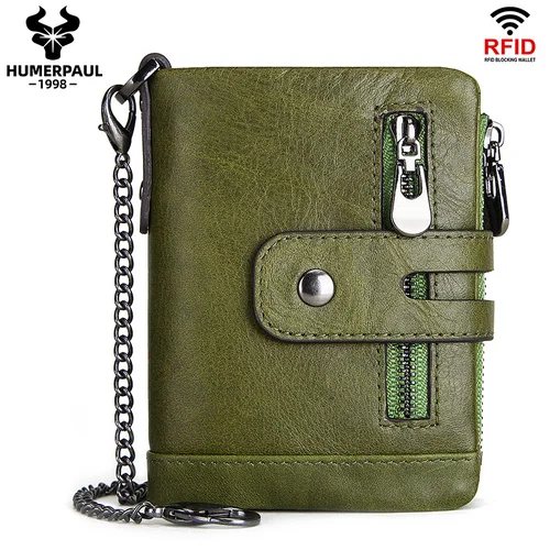 HUMERPAUL RFID 100% Cartera de cuero genuino tarjetero con bloqueo RFID con bolsillo para monedas con cremallera para billetera monedero corto de gran valor