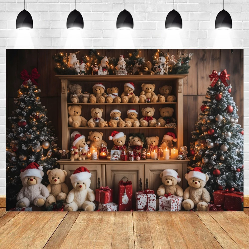 Merry Christmas Toy Bear Shopwindow Backdrop Photography Xmas Tree Baby Photo Photographic Family Party Background Photo Studio
