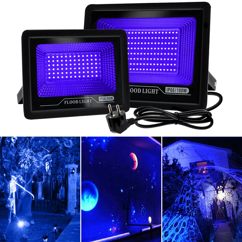 LED UV Projector para festa de Halloween, luz ambiente, impermeável ultravioleta, fluorescente lâmpada de palco, 50W, 100W, 395nm, 400nm, IP66, 220V