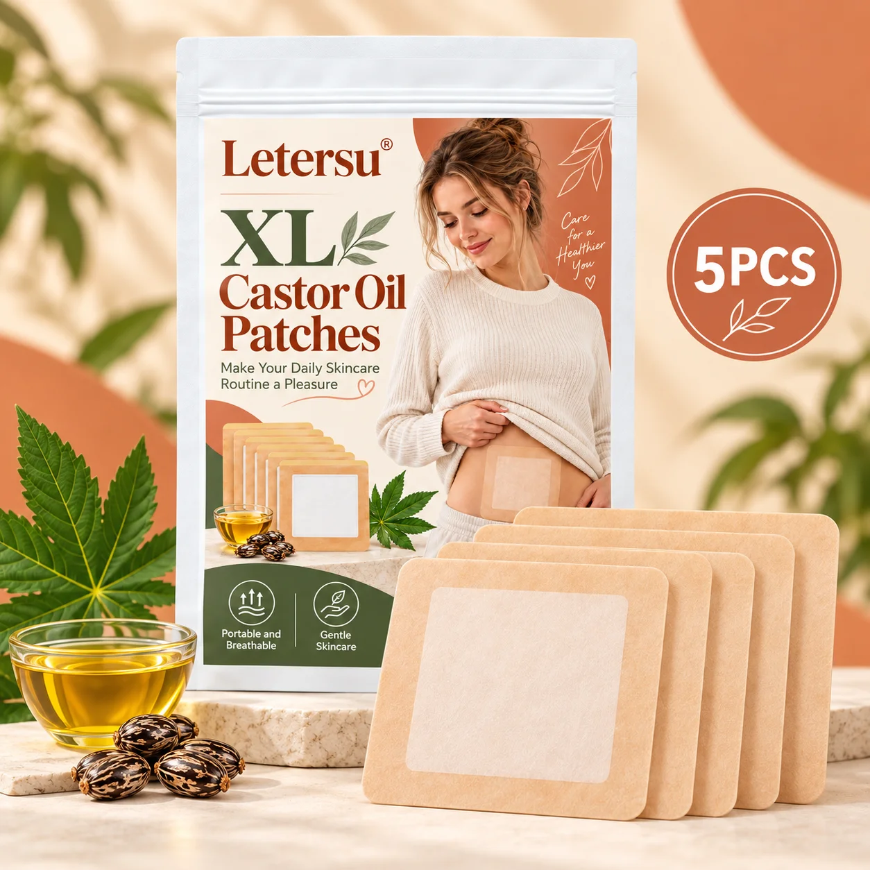 5PCS XL Castor Oil Patches for Belly, Large Castor Oil Pack Wrap Pads, Portable Body Care Patches for Women, Daily Self Care