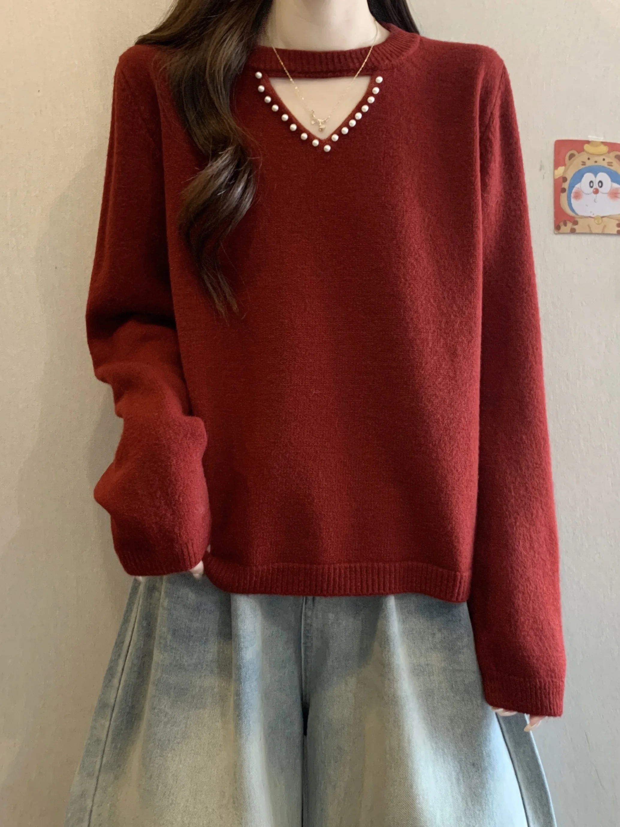 

Red Long Sve Knitwear Loose Fit Autumn Winter Faion plus Size Women's Sweater Design Sense Bead Embellied Casual Knit ...