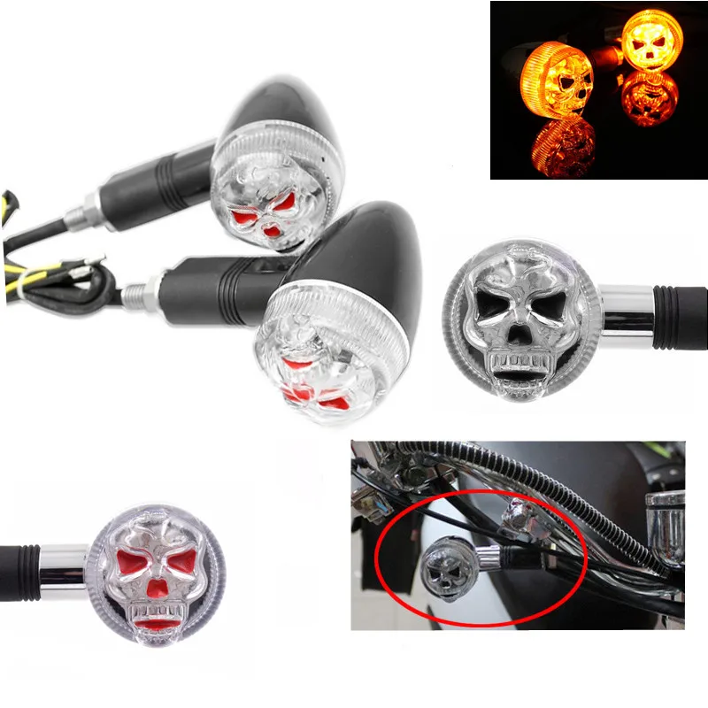 2pcs Universal LED 3D Skull Turn Signal Indicators Light Amber Lamp Motorcycle Bobber Cafe Racer Old School Bobber Touring Dirt