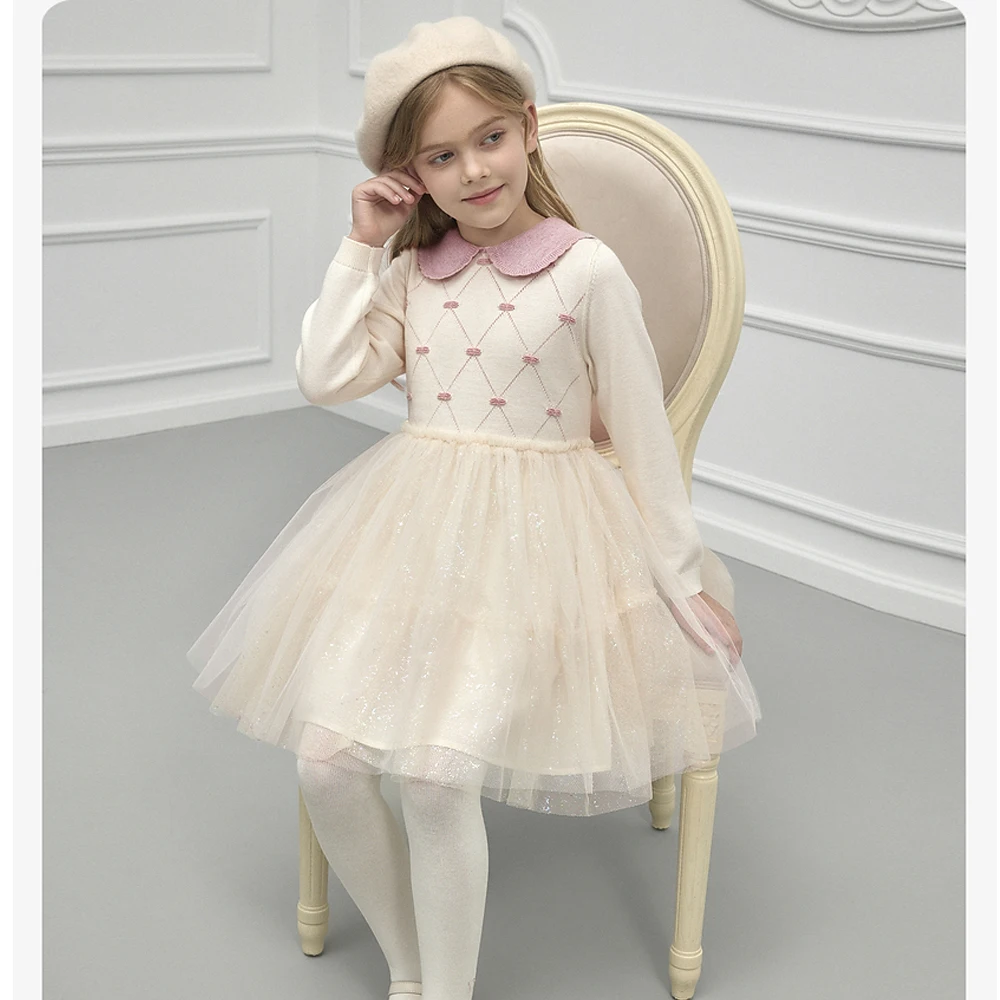 Dave Bella Girl Long Sleeve Princess Mesh Dress Children Winter Knitted Sweater Dress Sweet Party Outdoor Clothes DK3236581