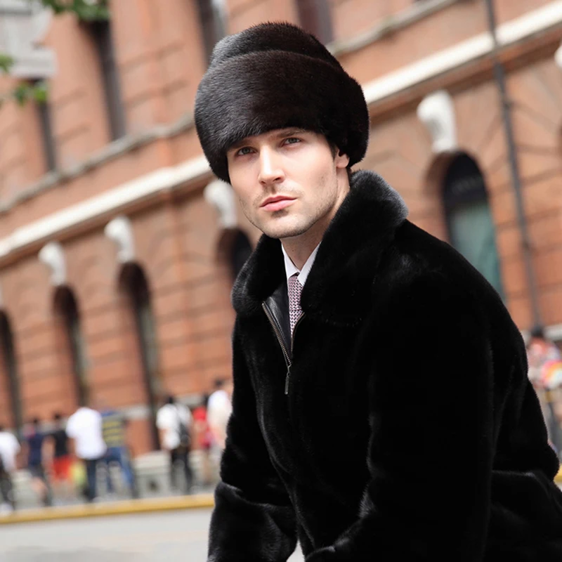 Hat Winter Men Real Mink Fur Cap Mens Winter Caps Mens Beanie Black Brown Russian Men Warm Knitted Hats Oversized